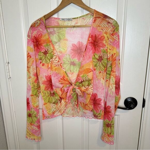 Y2K SNO SKINS Pink Orange Green Floral Micro Mesh Ruffle Shrug Wrap Top Sz XL - Picture 1 of 9